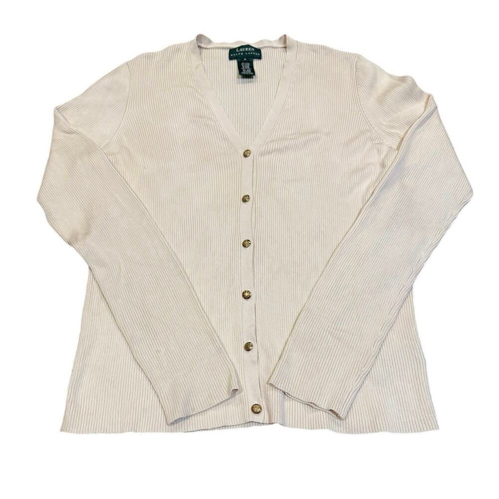 Ralph Lauren Silk Sweater Set Cardigan Tank Cream M Twinset Knit Crest Gold